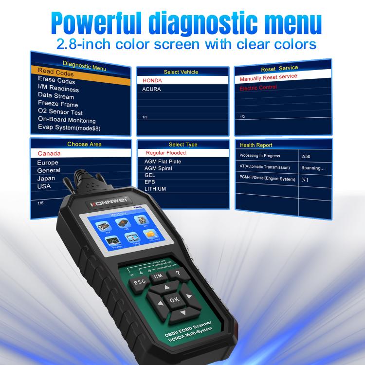 Handheld OBD2 scanner with 2.8-inch color screen and blue menu display