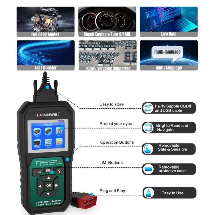 OBD2 diagnostic tool with color screen and grouped side buttons, black casing