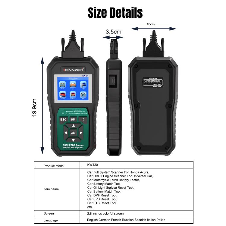OBD2 diagnostic scanner front and back views, showing screen, buttons, and ports