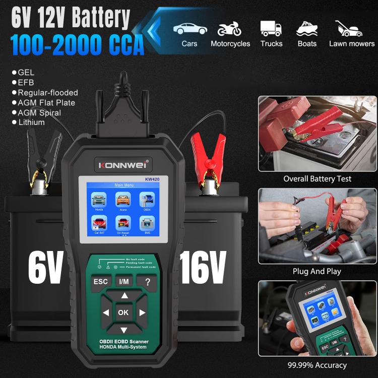OBD2 diagnostic scan tool with color screen and red/black battery clamp leads