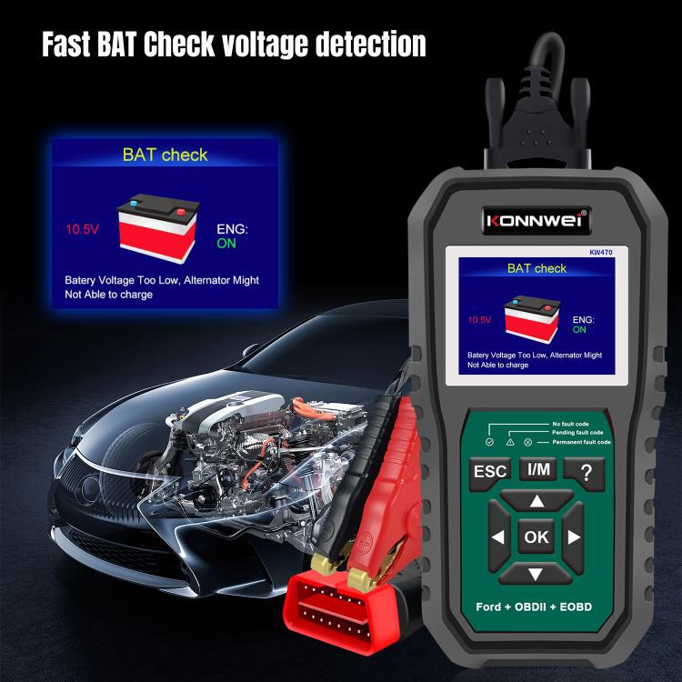 OBD2 scan tool performing BAT check voltage detection with battery graphic