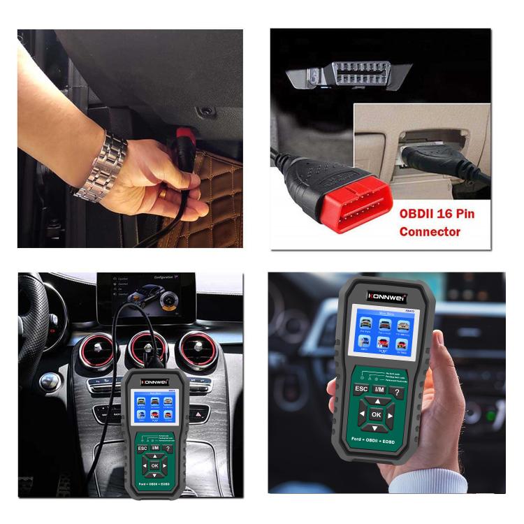 OBD2 scan tool connected to an OBDII port with 16-pin red connector