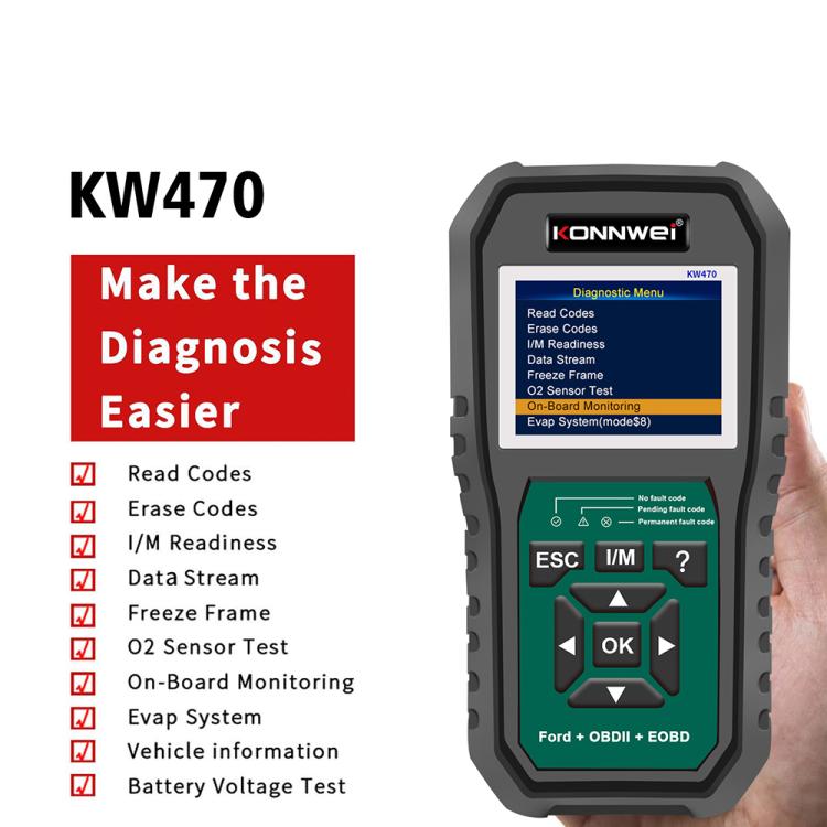 KONNWEI KW470 OBD2 scan tool with color diagnostic menu on 2.8-inch screen
