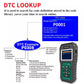 OBD2 fault diagnostic scan tool with color screen showing DTC lookup P0001