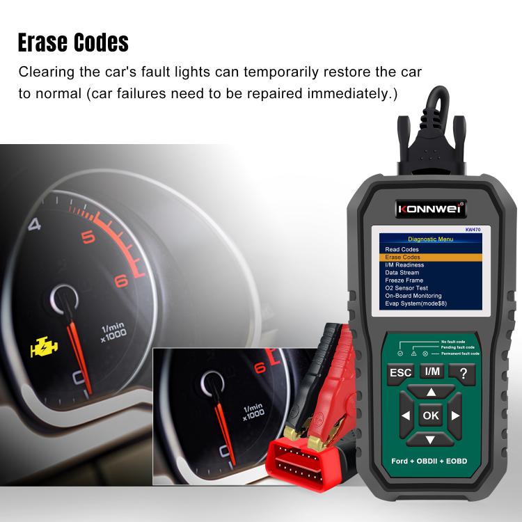OBD2 scan tool with color display and buttons, showing erase codes menu
