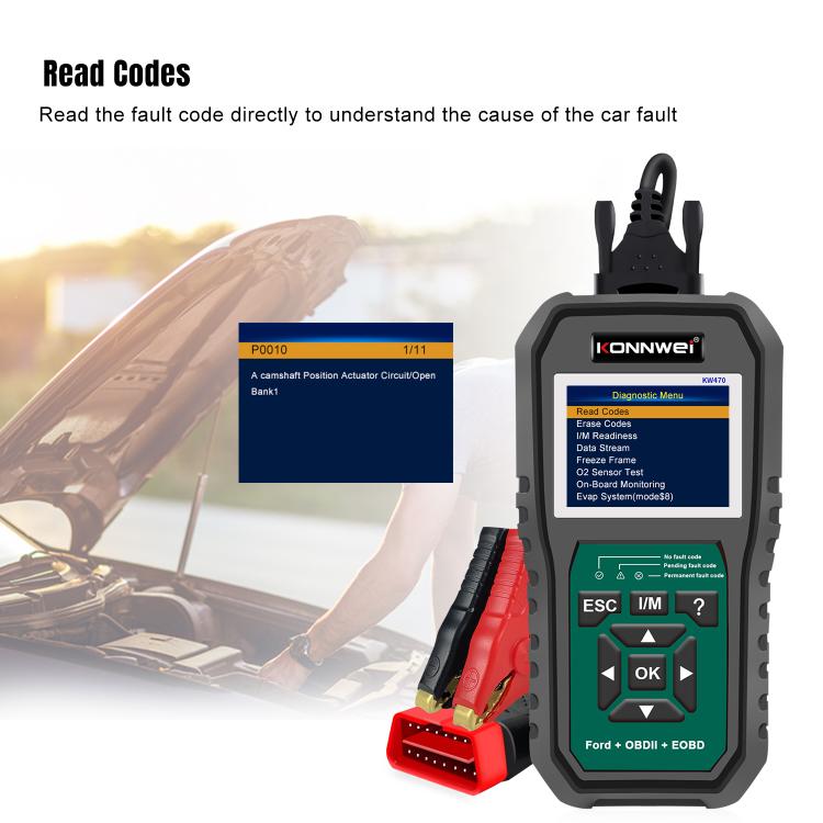 OBD2 fault reader with color screen showing read codes menu and function options
