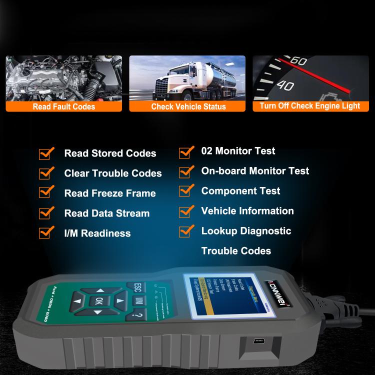 OBD2 diagnostic scan tool showing feature list like stored codes and monitor test