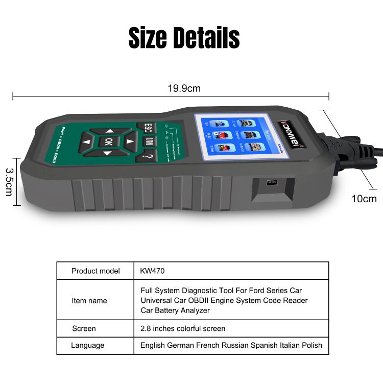 OBD2 diagnostic scan tool with labeled size details and 2.8 inch color screen