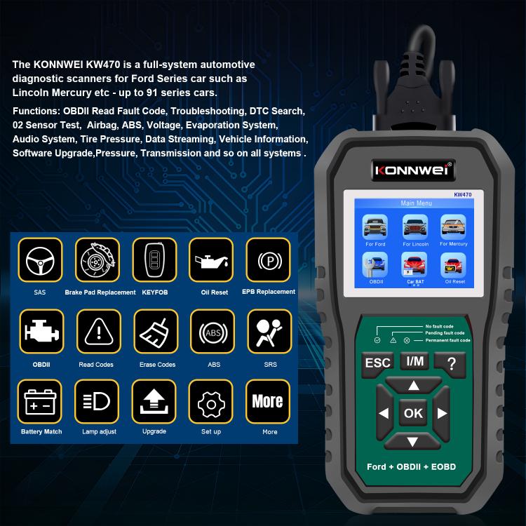 OBD2 diagnostic scan tool with main menu icons and on-screen shortcuts