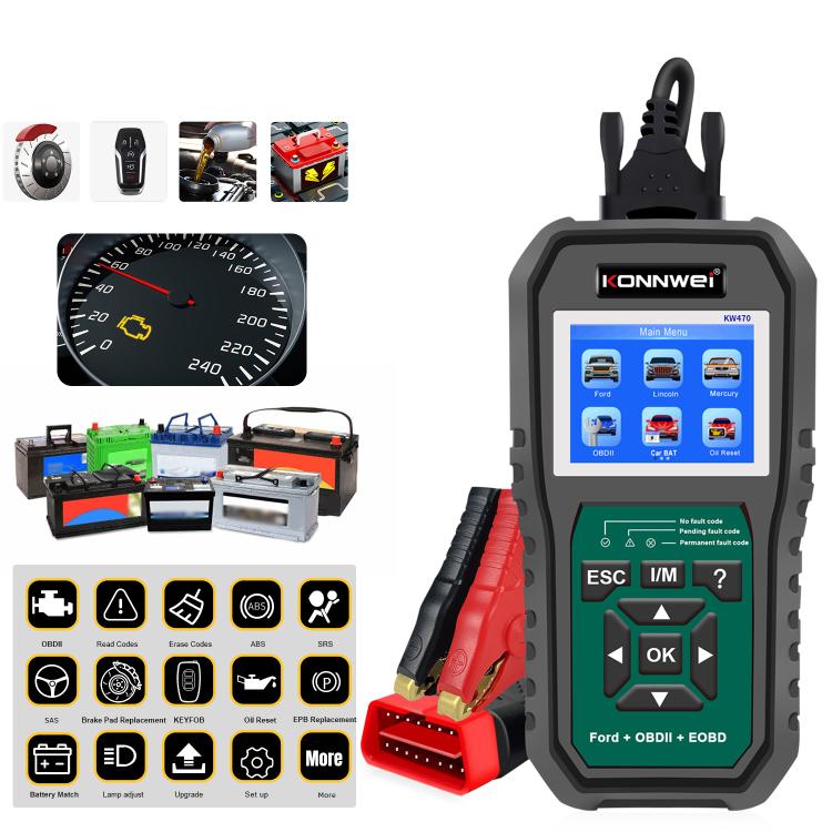 KONNWEI KW470 OBD2 scan tool with red diagnostic cable and clamp connector