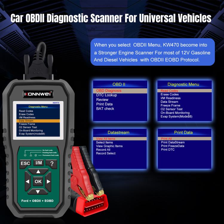 KONNWEI KW470 OBD2 diagnostic scan tool with color screen and control buttons
