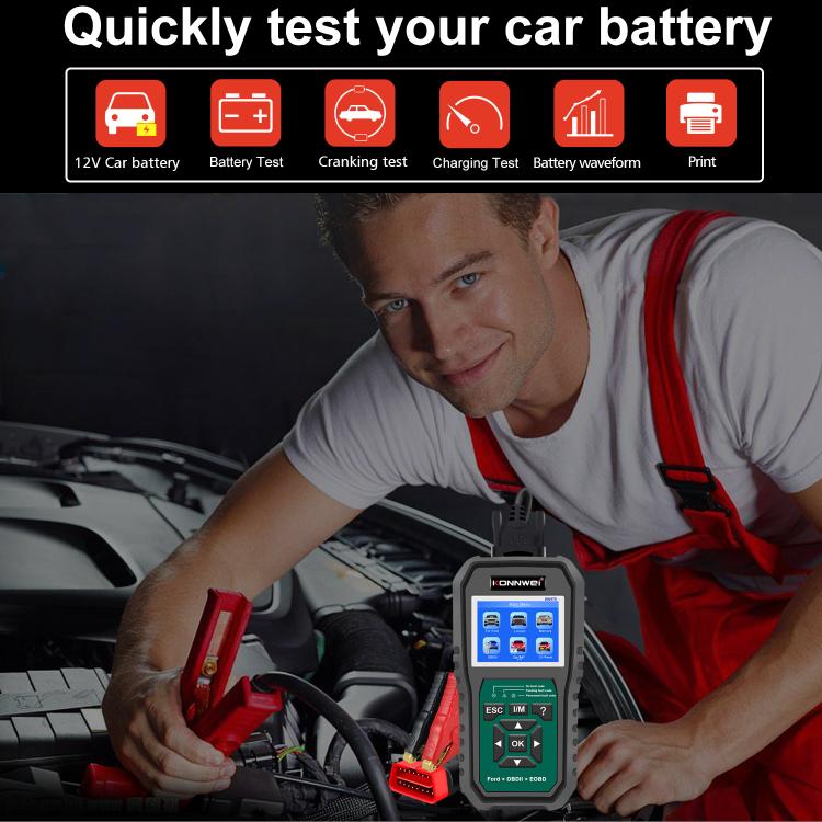 KONNWEI KW470 handheld OBD2 scanner connected to battery for quick test