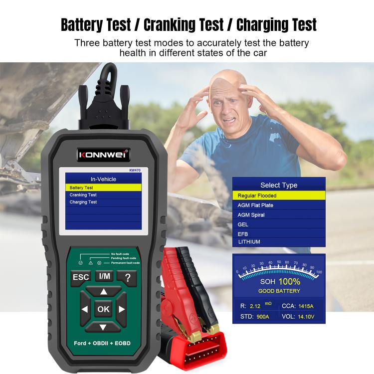 KONNWEI KW470 diagnostic tool showing battery test, cranking, and charging modes