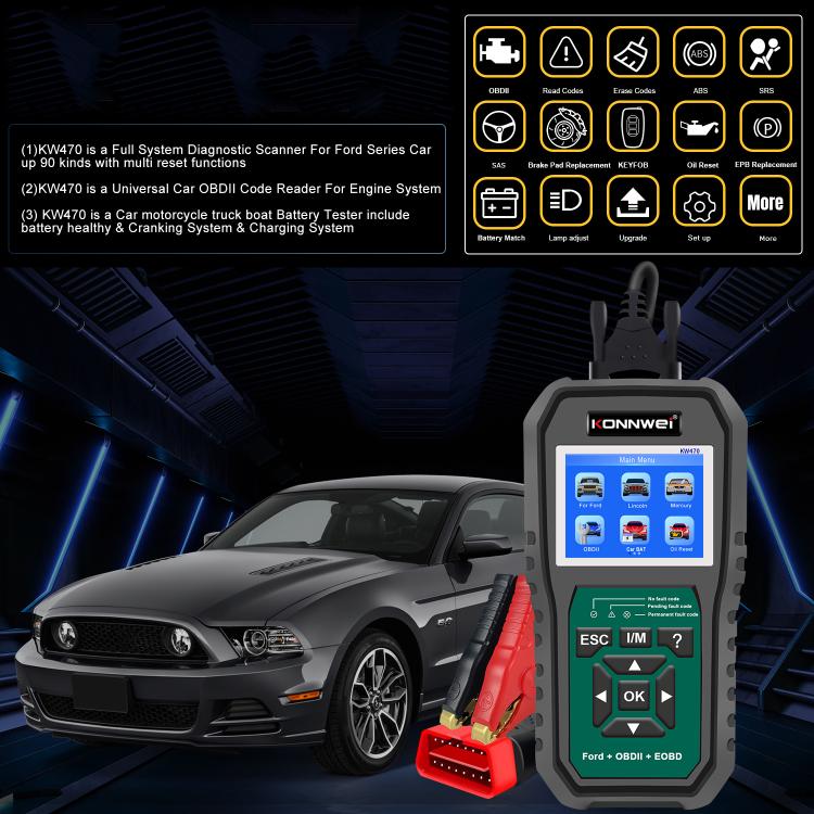 KONNWEI KW470 OBD2 scan tool with front panel and red OBD connector