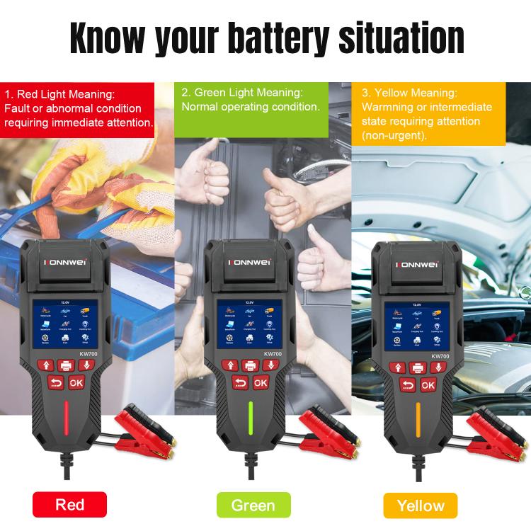 KONNWEI KW700 car battery tester with red, green, and yellow status lights