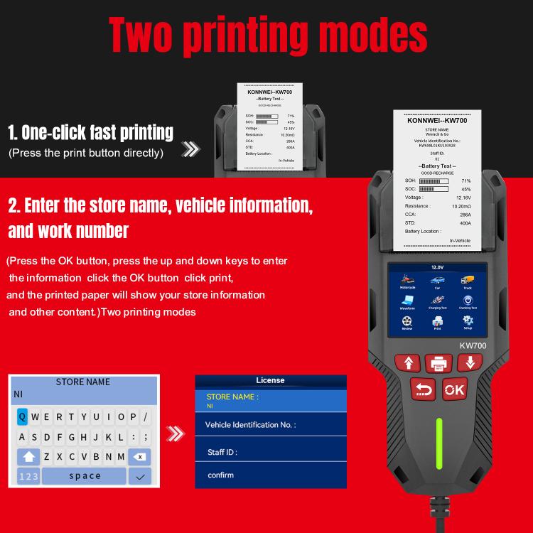 KONNWEI KW700 battery tester with keypad, color screen, and red clamp
