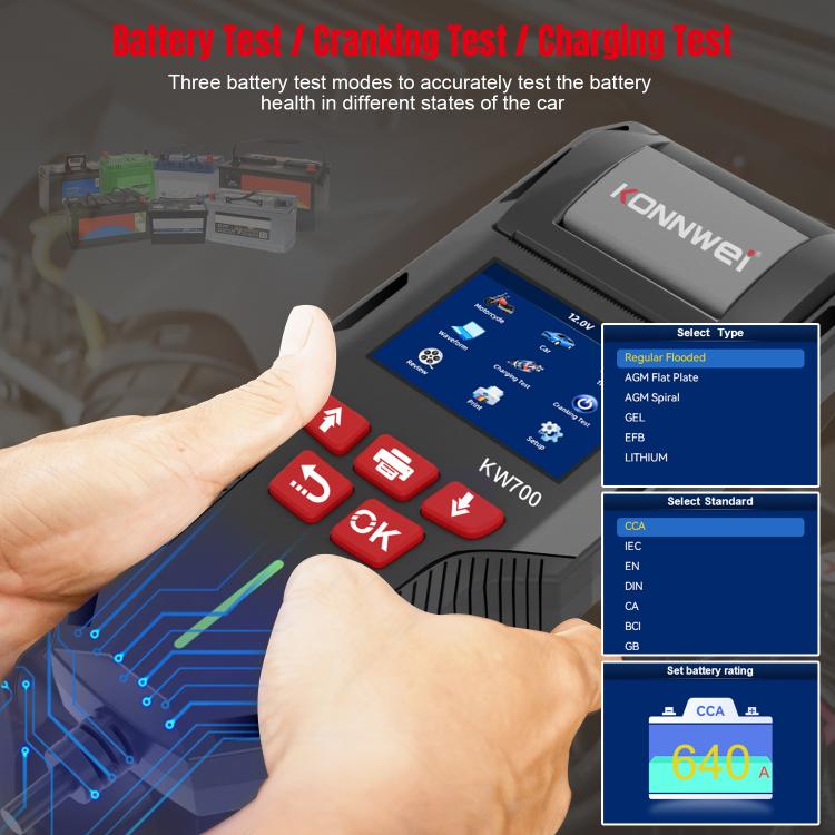 KONNWEI KW700 battery tester held by hand, showing color menu on screen
