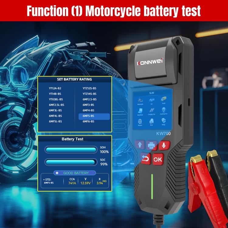 KONNWEI KW700 motorcycle battery tester with color screen and red clamp