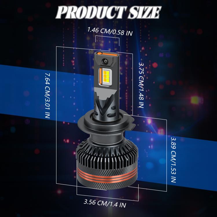 Car LED headlight bulb size diagram with length and width measurements