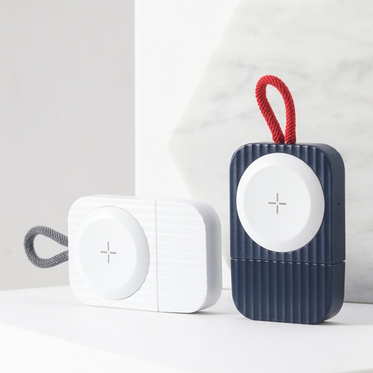 Portable magnetic wireless Apple Watch charger, blue housing with red cord and + icon, Type-C