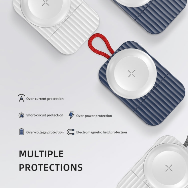 Blue and white portable magnetic wireless watch chargers with white pads and red braided cords