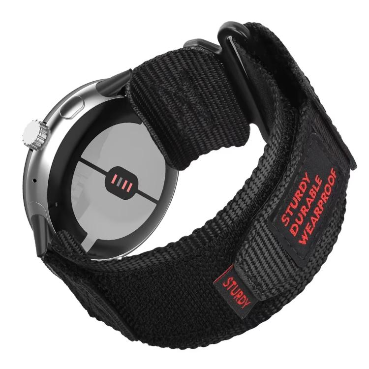 Black hook-and-loop nylon watch band wrapped around a smartwatch, with a wide adjustable strap.