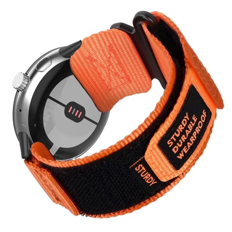 Orange nylon watch band with hook-and-loop closure and quick-release connectors, shown on a smartwatch.