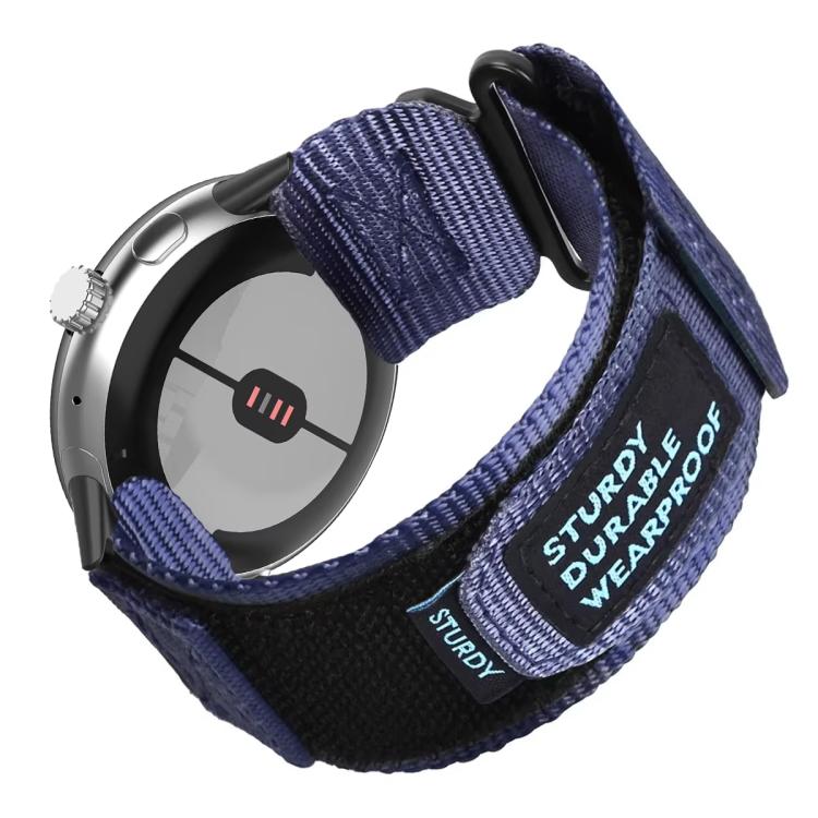 Blue nylon watch band with hook-and-loop closure and quick-release connectors, shown on a smartwatch.