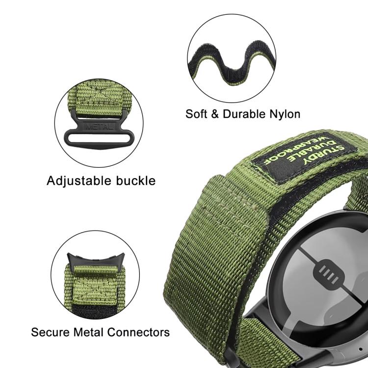 Olive green nylon watch band detail showing an adjustable buckle, metal connectors, and flexible strap.