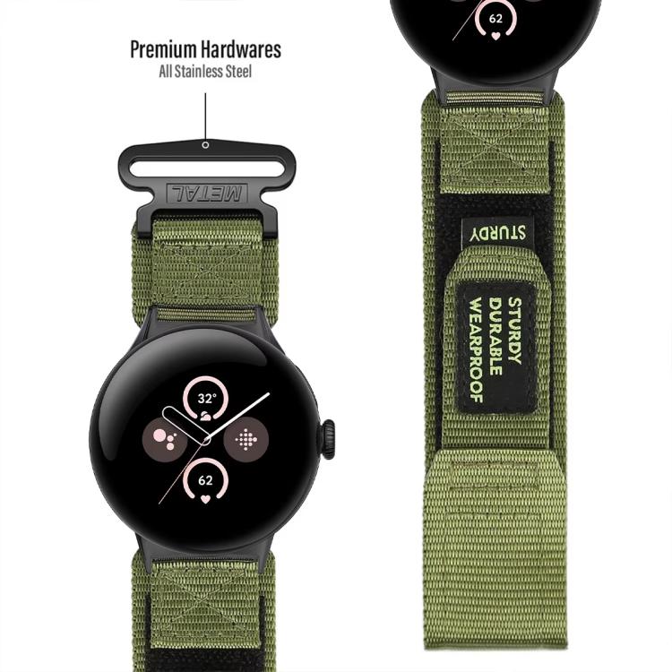 Olive nylon watch band with hook-and-loop closure and stainless steel quick-release hardware
