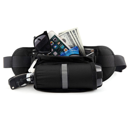 Black waterproof waist bag with phone pocket and zip closure, adjustable belt strap