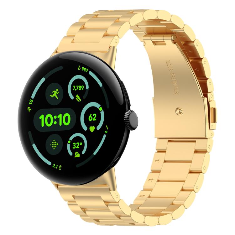 Gold three-bead metal watch band fitted to a round smartwatch