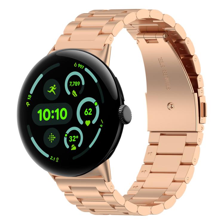 Rose gold three-bead metal watch band shown on a round smartwatch