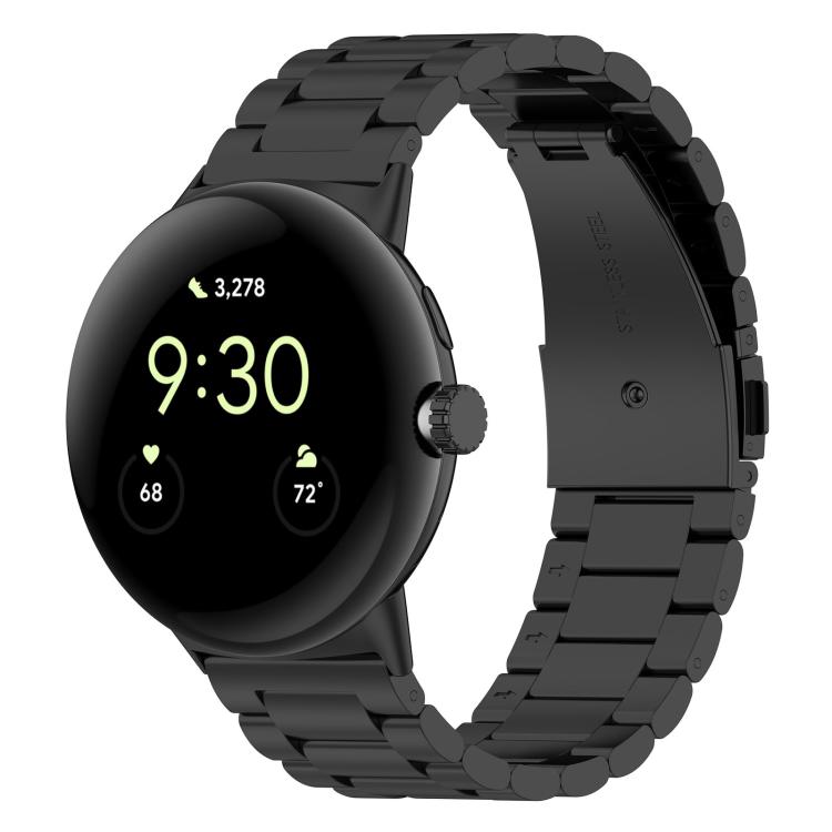 Black three-bead metal watch band shown on a round smartwatch
