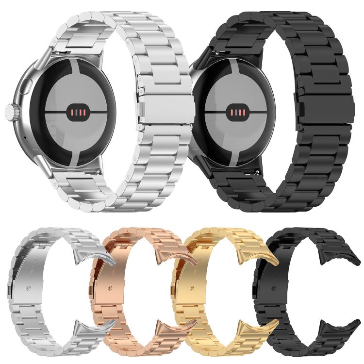 Metal watch bands in silver and black, shown on watches and in four colors