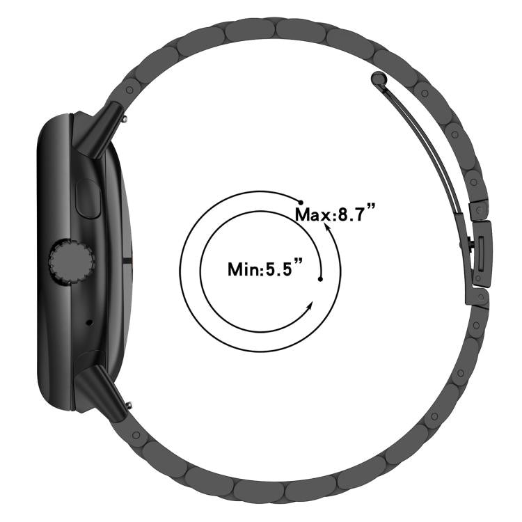 Black three-bead metal watch band with watch attachment and 5.5–8.7 inch fit range