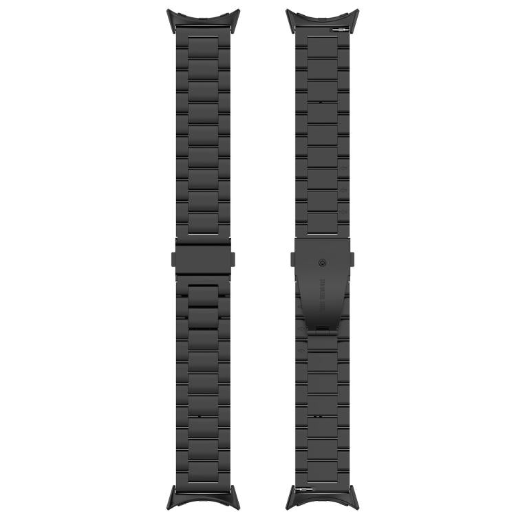 Black metal watch band shown from the front and clasp side