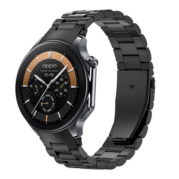Black three-bead metal watch band shown attached to a round OPPO watch.