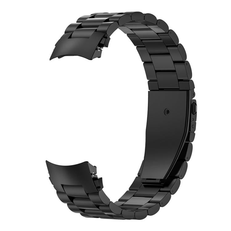 Black three-bead metal watch band with clasp and curved end links.