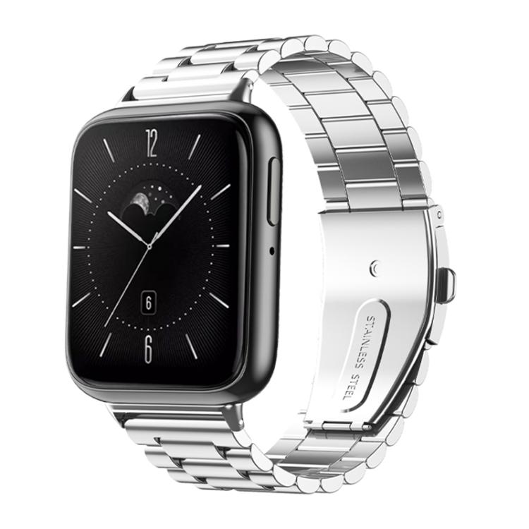 Silver three-bead metal watch band shown attached to a rectangular OPPO watch.