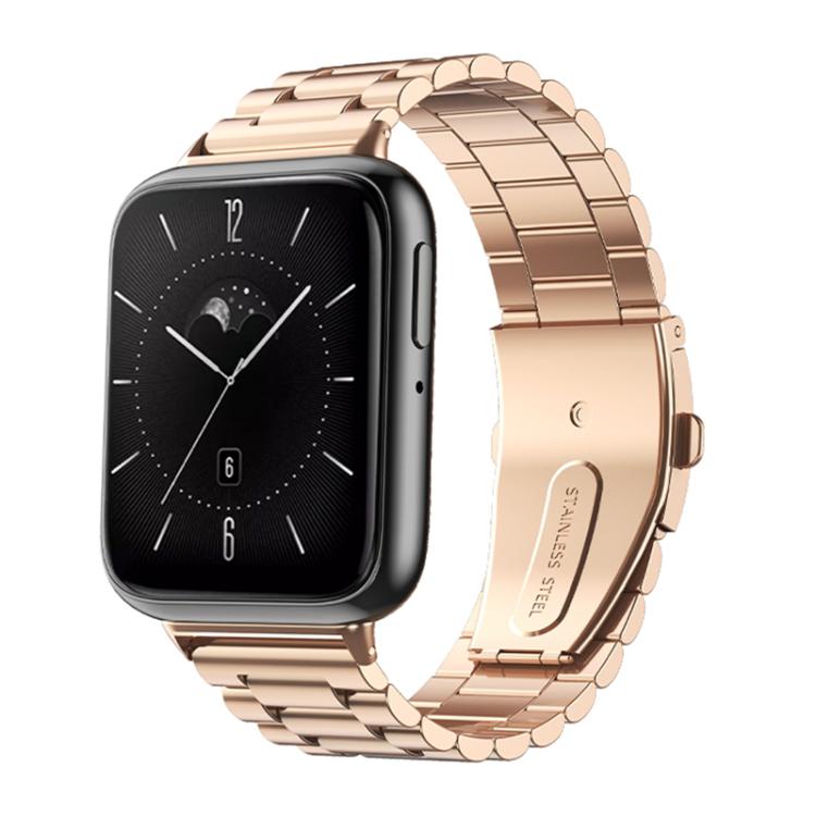 Rose gold three-bead metal watch band shown attached to a rectangular OPPO watch.
