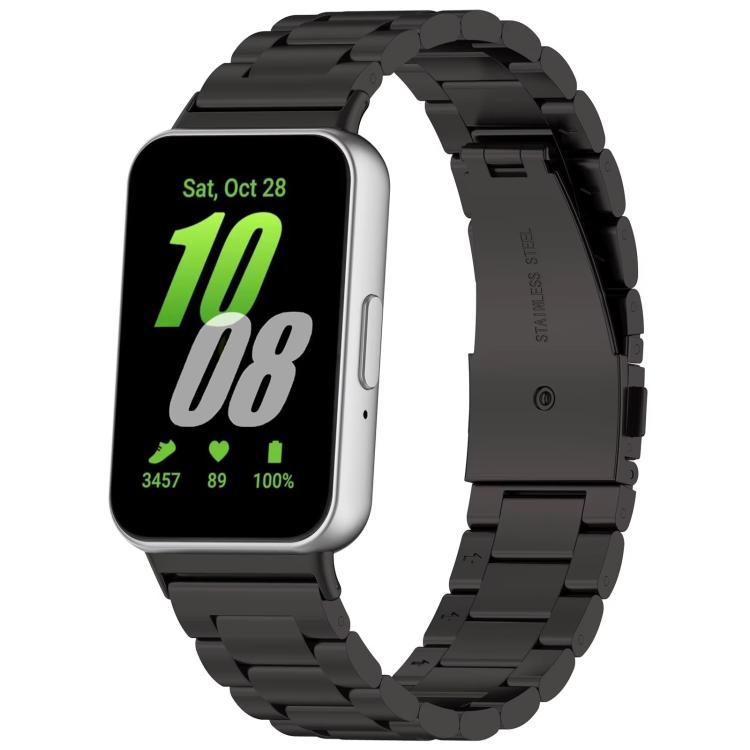 Black metal link watch band shown attached to a rectangular watch.