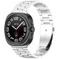 Silver three-bead metal watch band fitted to a round smartwatch