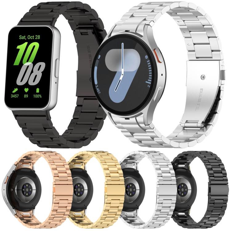 Metal link watch bands in black, silver, rose gold, and gold, shown with compatible watches.