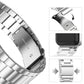 Silver metal link watch band showing its folding clasp and removable link adjustment.