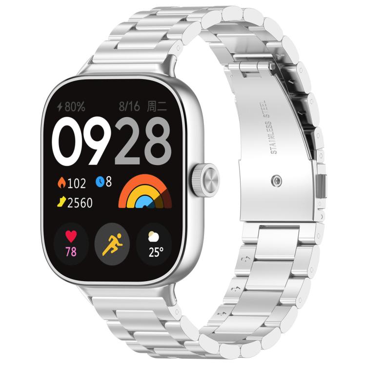 Silver metal three-bead watch band fitted to a square smartwatch.
