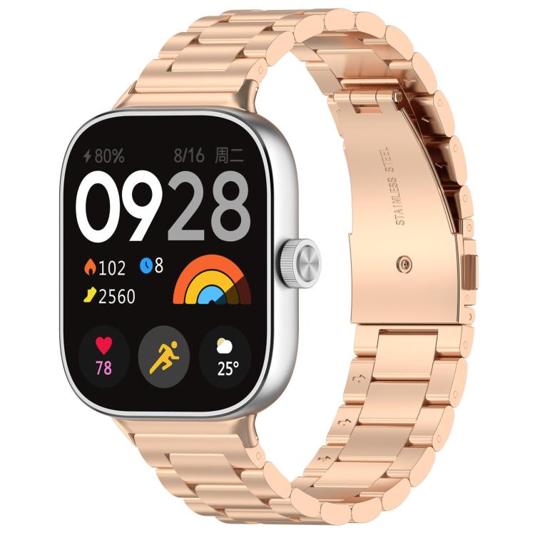 Rose gold metal three-bead watch band fitted to a square smartwatch.