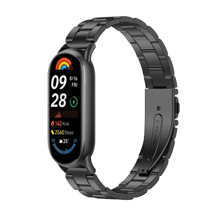 Black metal three-bead watch band fitted to a slim fitness tracker.