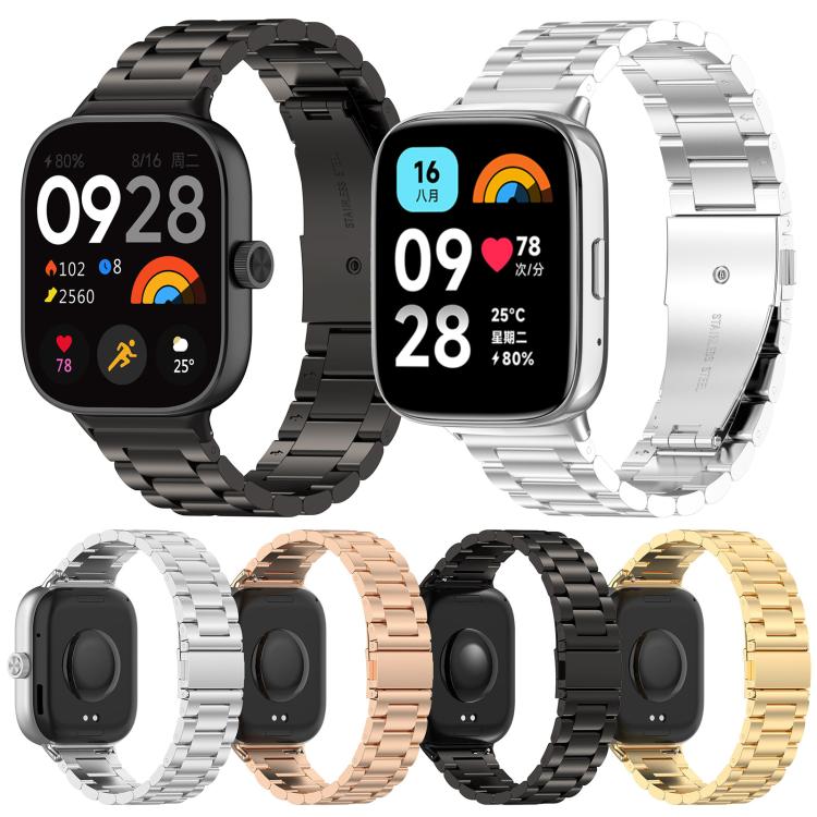 Three-bead metal watch bands in black and silver, shown on watches and with connectors.
