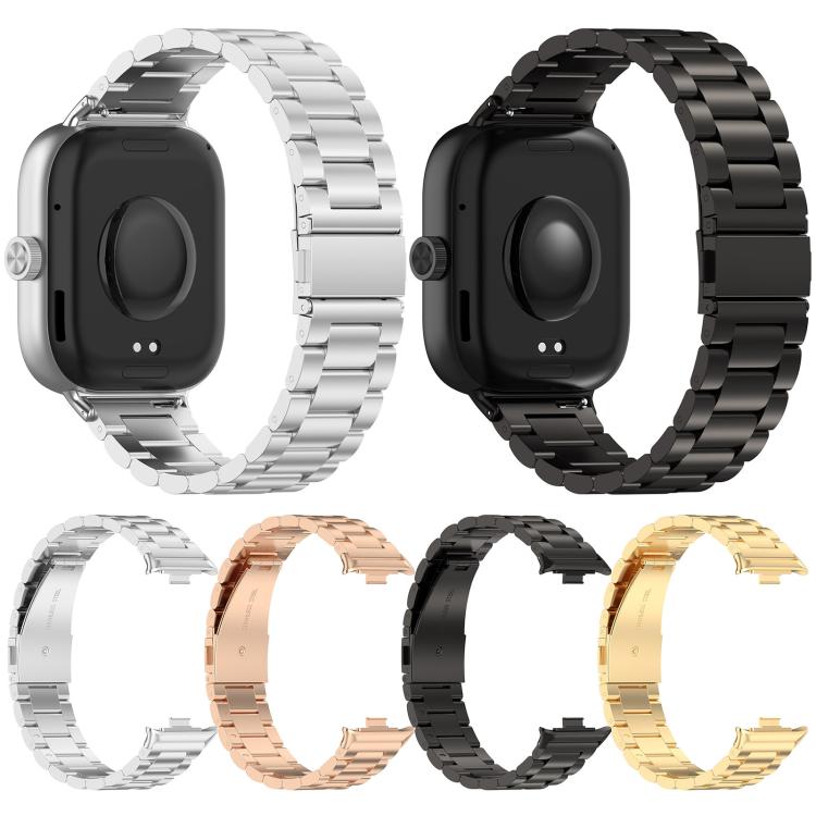 Three-bead metal watch bands in silver, black, rose gold, and gold, shown from the back.